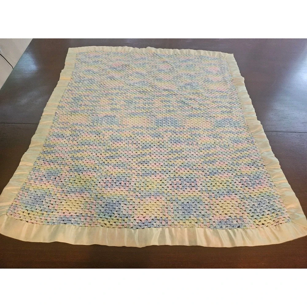 Handmade Crochet Baby Blanket Infant Pastel Multicolor Satin Trim Ruffle Trim
